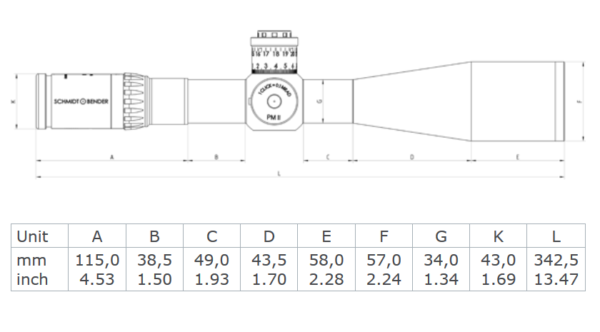 Schmidt and Bender PMII 3-12x50 L/P Gen II Mildot MRAD DT CW Dimensions