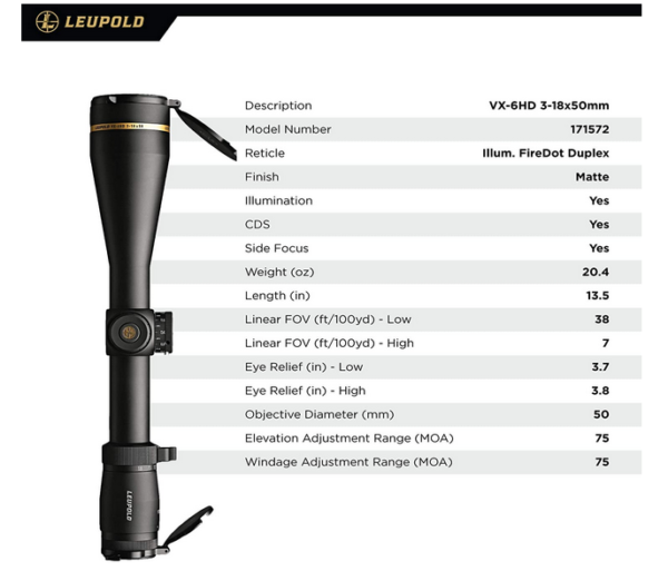 Leupold VX-6HD 3-18x50mm Riflescope