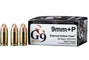 G9 Defense 9mm +P 80 Grain External Hollow Point Brass Cased Pistol Ammunition E-9MMP-80A for Self-Defense