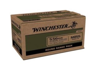 Winchester USA 5.56x45mm NATO 62 grain Green Tip M855 Full Metal Jacket Boat Tail FMJBT Brass Centerfire Rifle Ammunition for Self-Defense